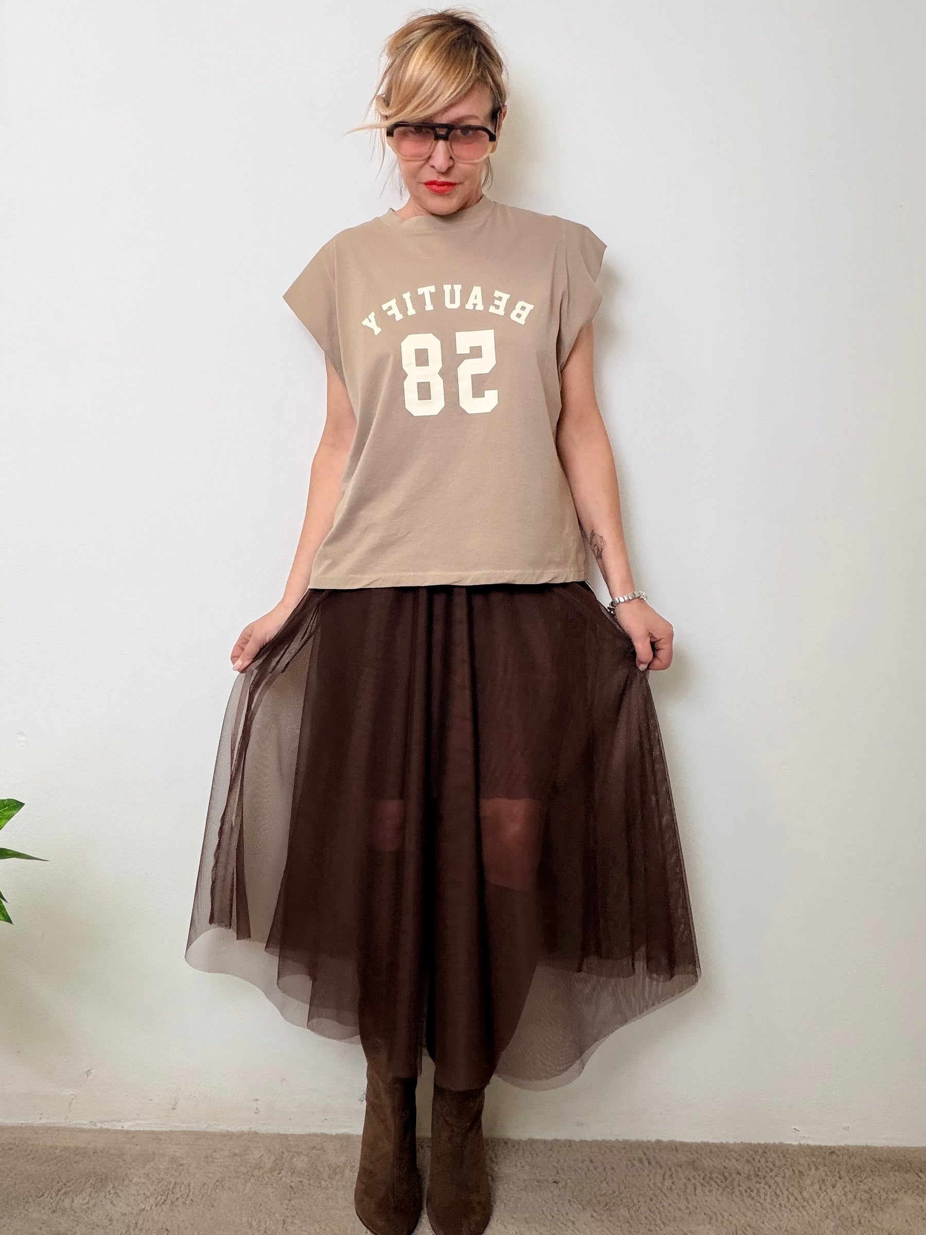 Gonna in Tulle con Righe Laterali