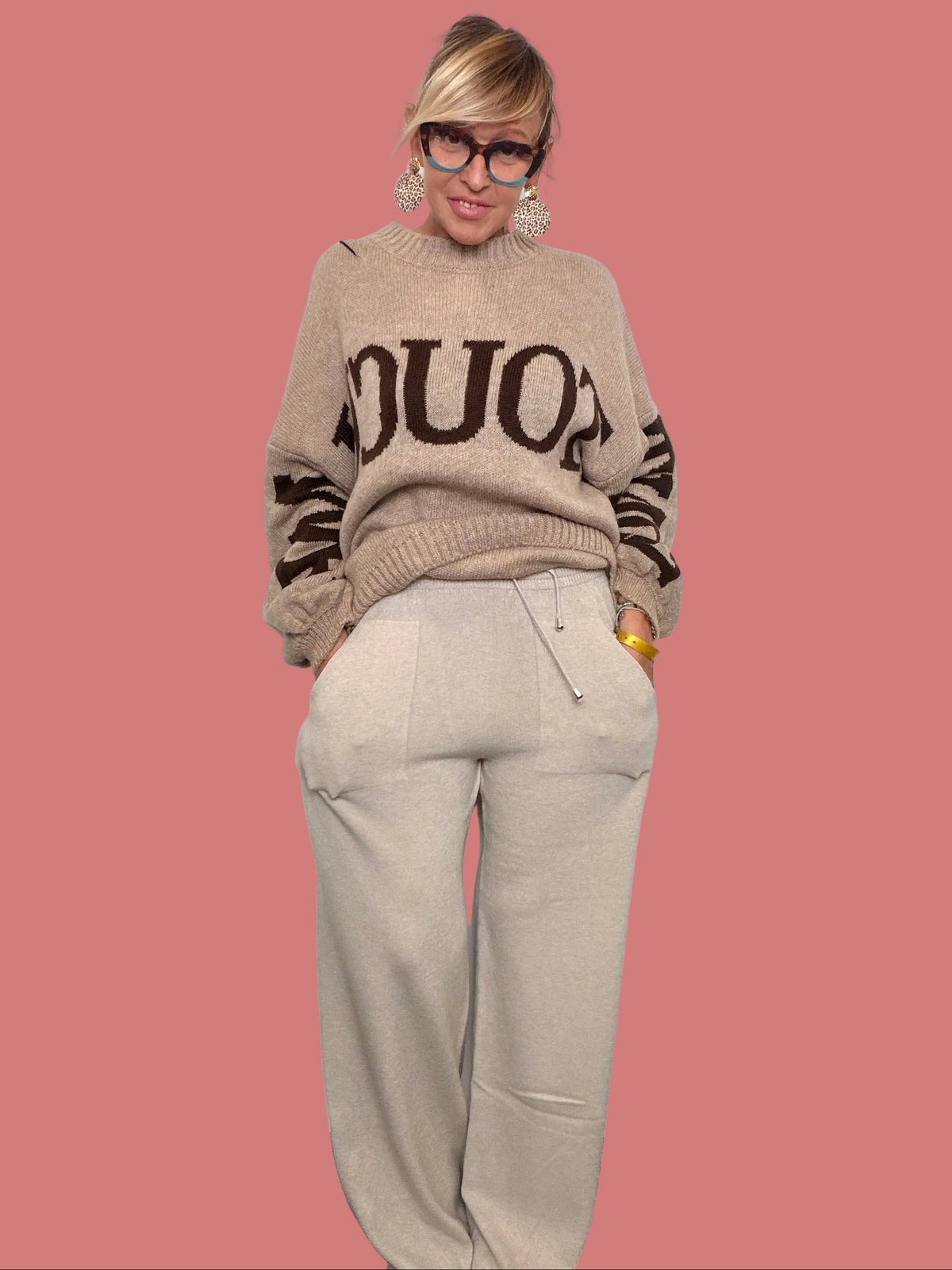 Pantalone palazzo beige da donna con vita con coulisse e tasche laterali