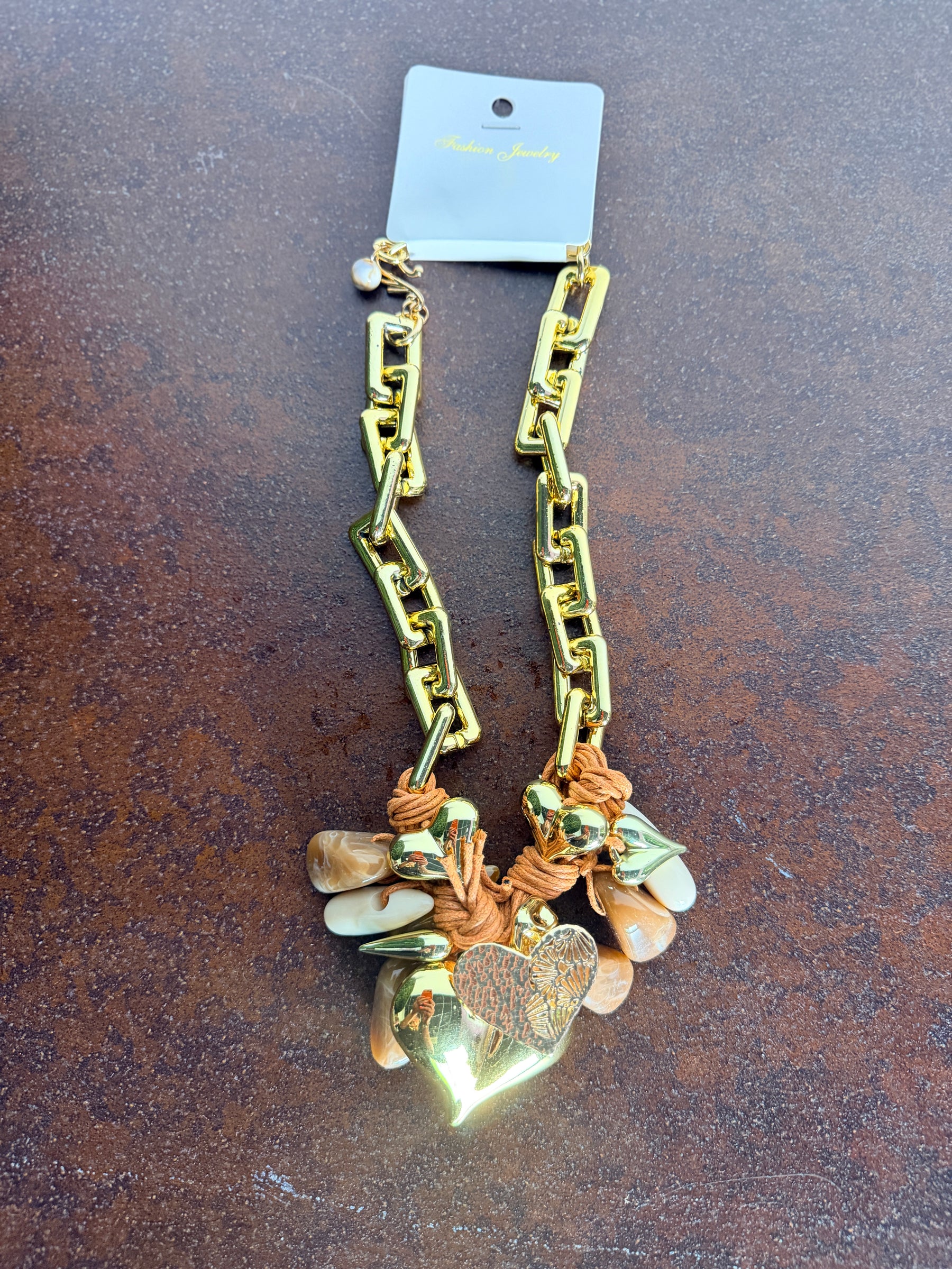 Collana Catena Chunky con Cuore e Pietre — Acciaio Dorato