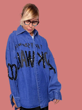 Camicia-giacca in Denim Blu con Maxi Scritte