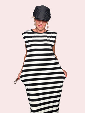 Abito maxi righe bianco nero con spalline