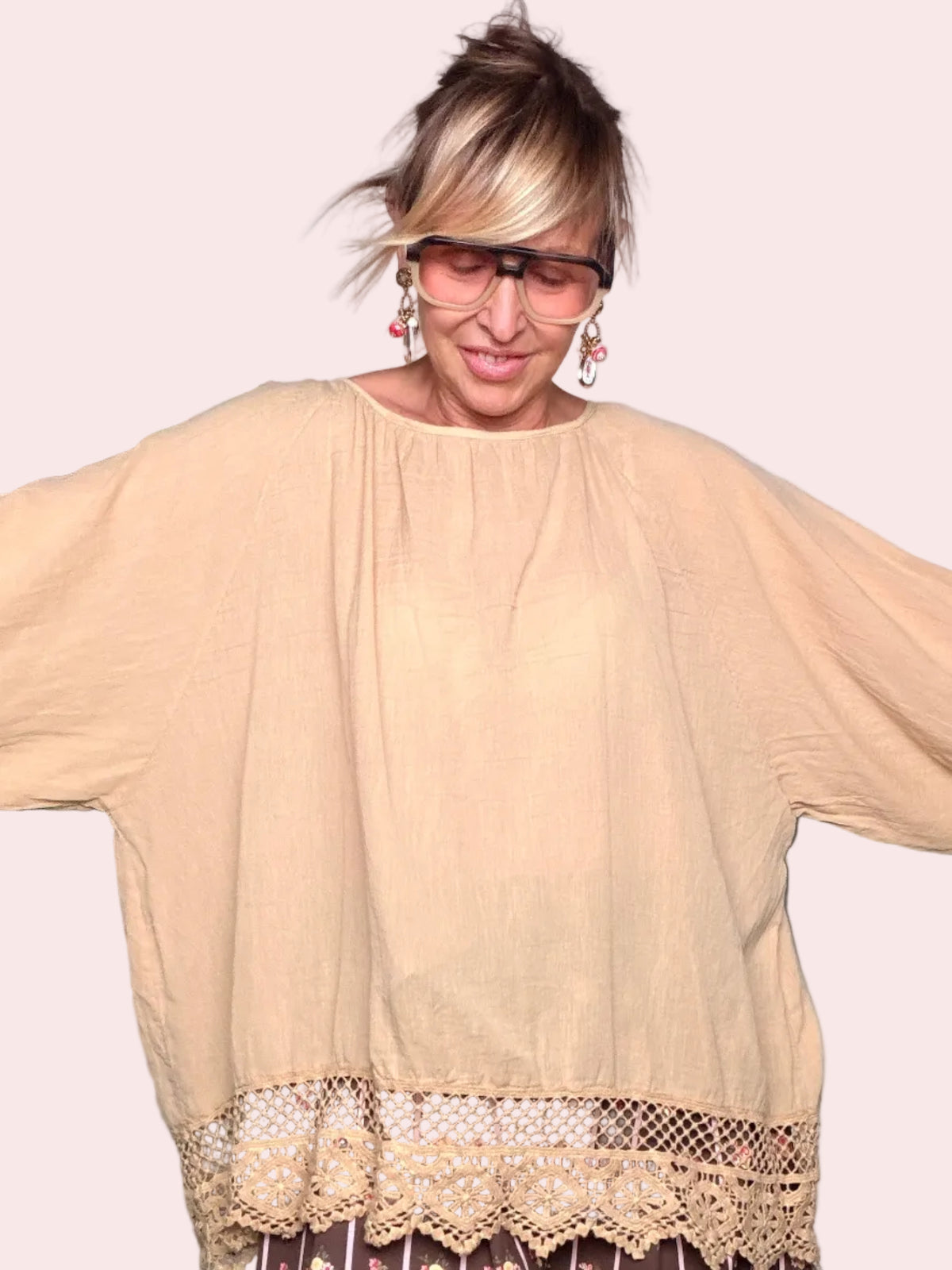 Blusa Oversize in Cotone con Bordo Crochet