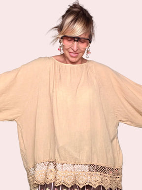 Blusa Oversize in Cotone con Bordo Crochet