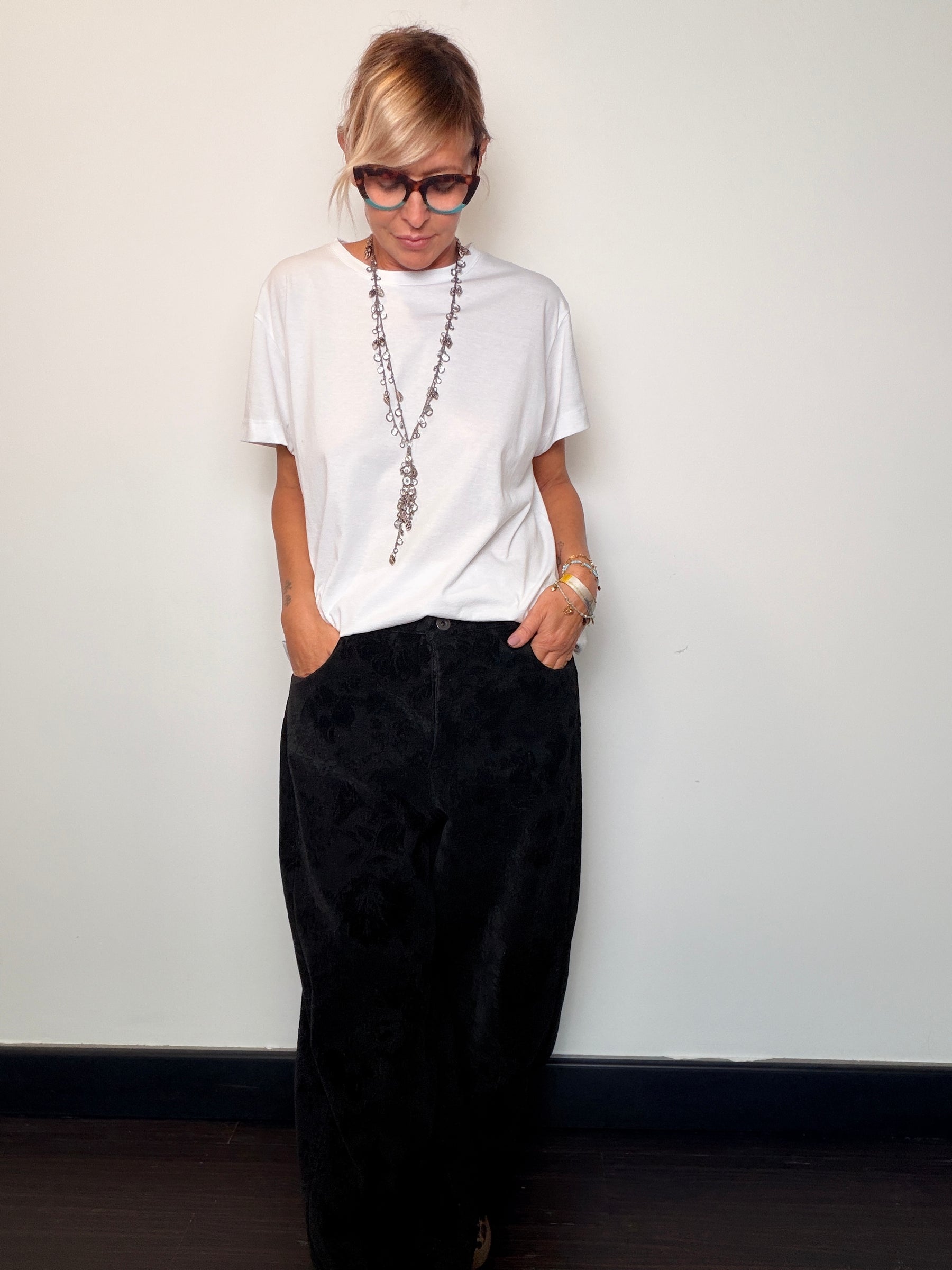 Jeans Jacquard Nero a Gamba Ampia