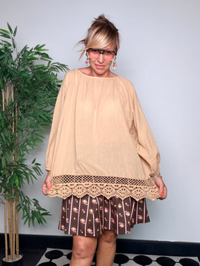 Blusa Oversize in Cotone con Bordo Crochet