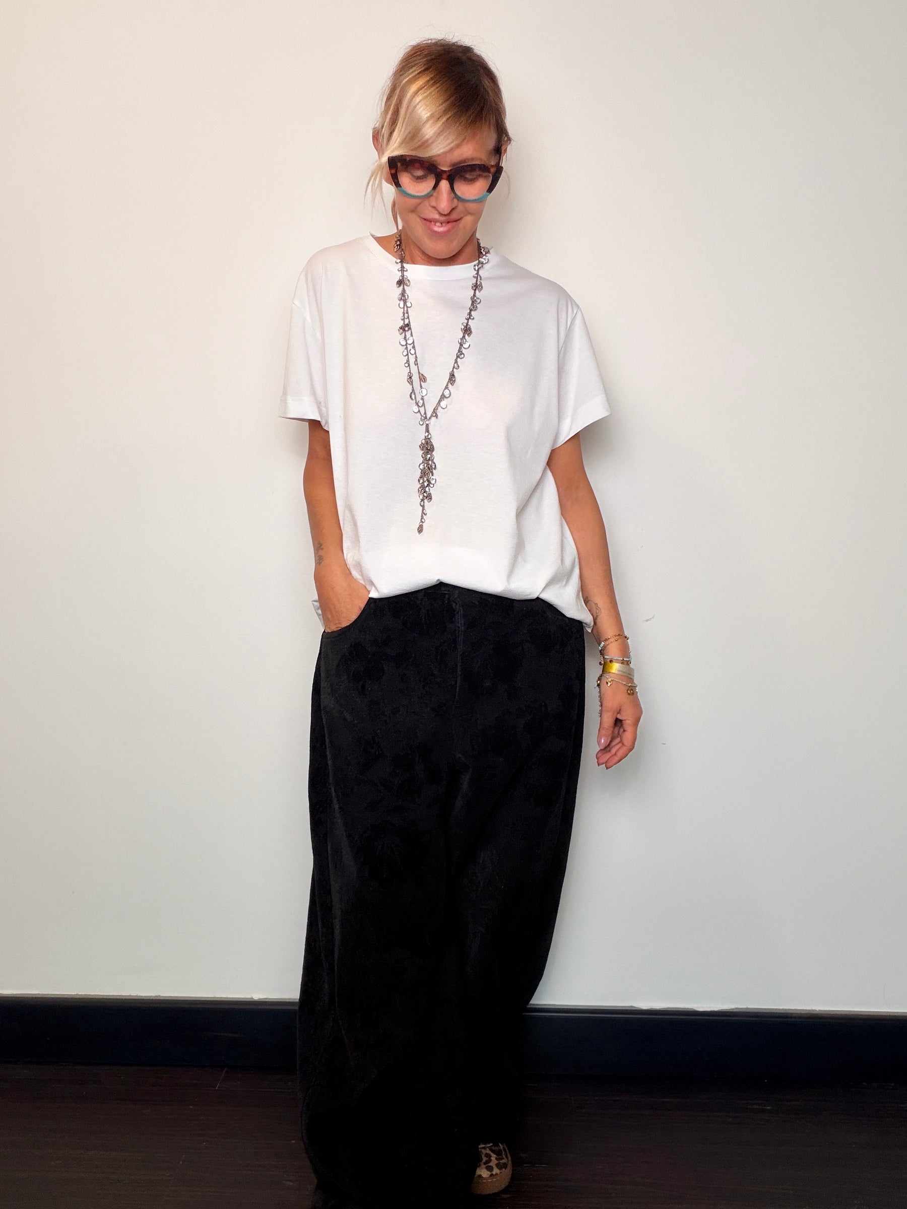 Jeans Jacquard Nero a Gamba Ampia