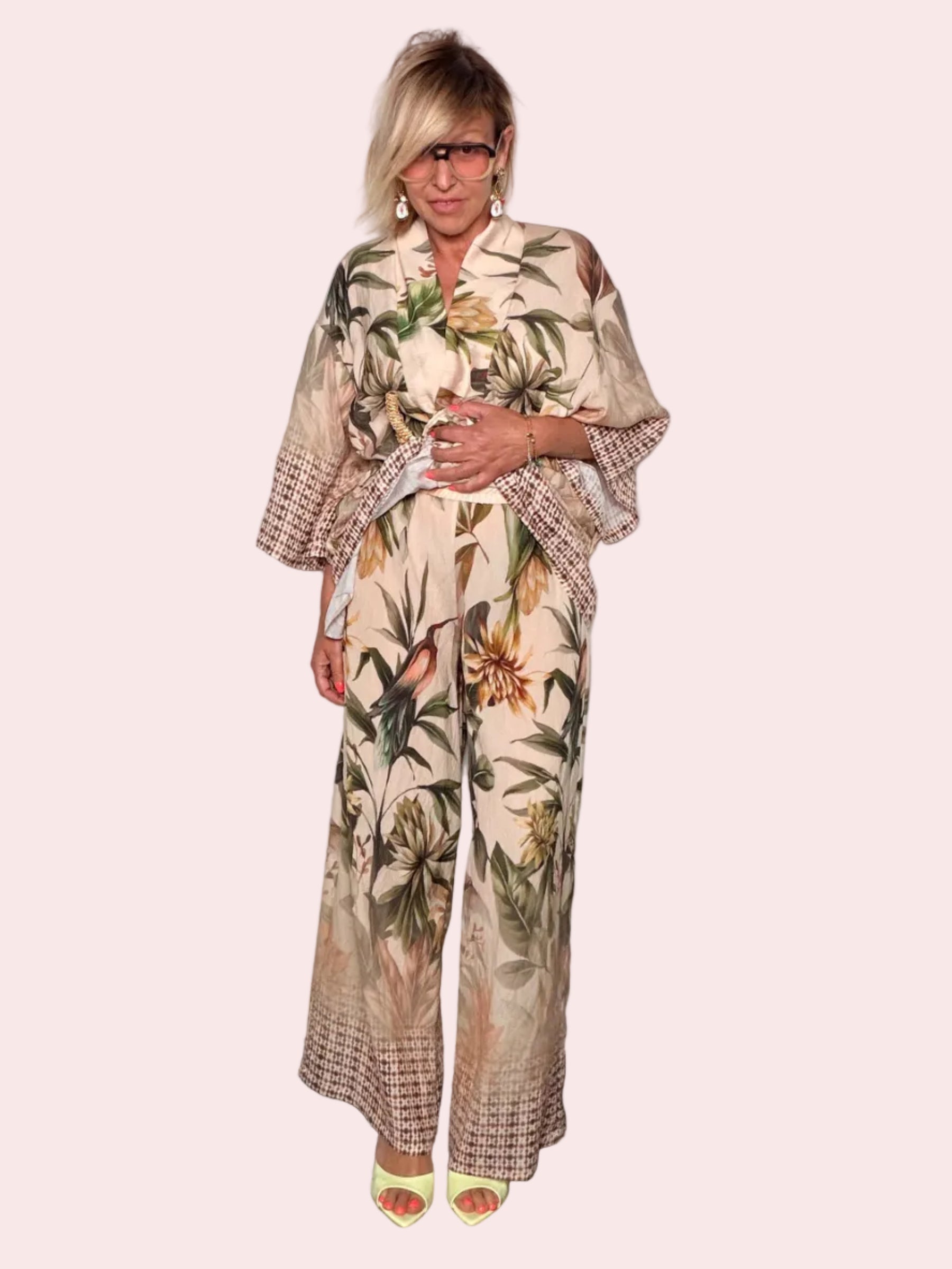 Pantalone Palazzo Wide Leg in Seta con Stampa Botanica e Bordo Patchwork