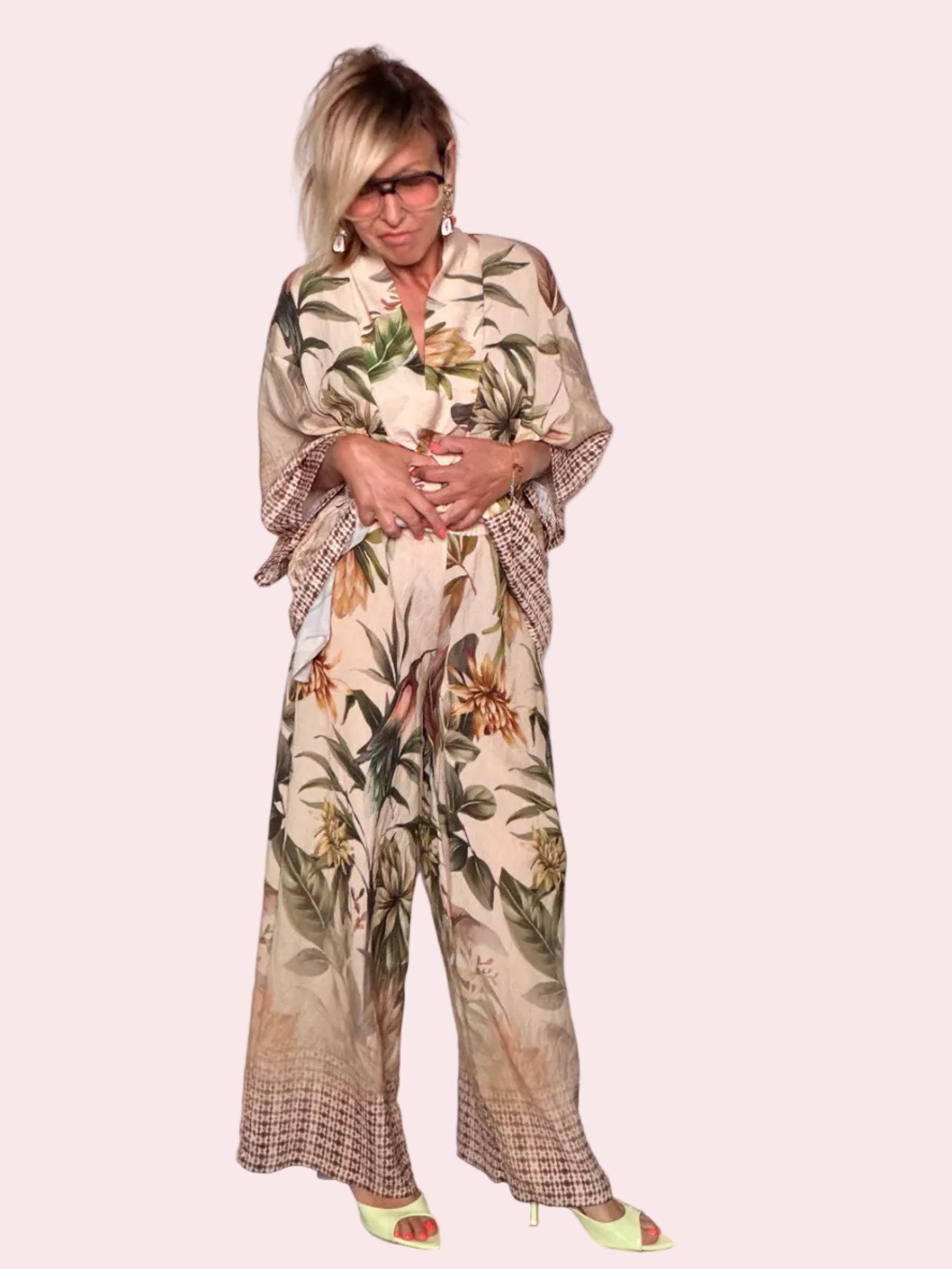 Pantalone Palazzo Wide Leg in Seta con Stampa Botanica e Bordo Patchwork