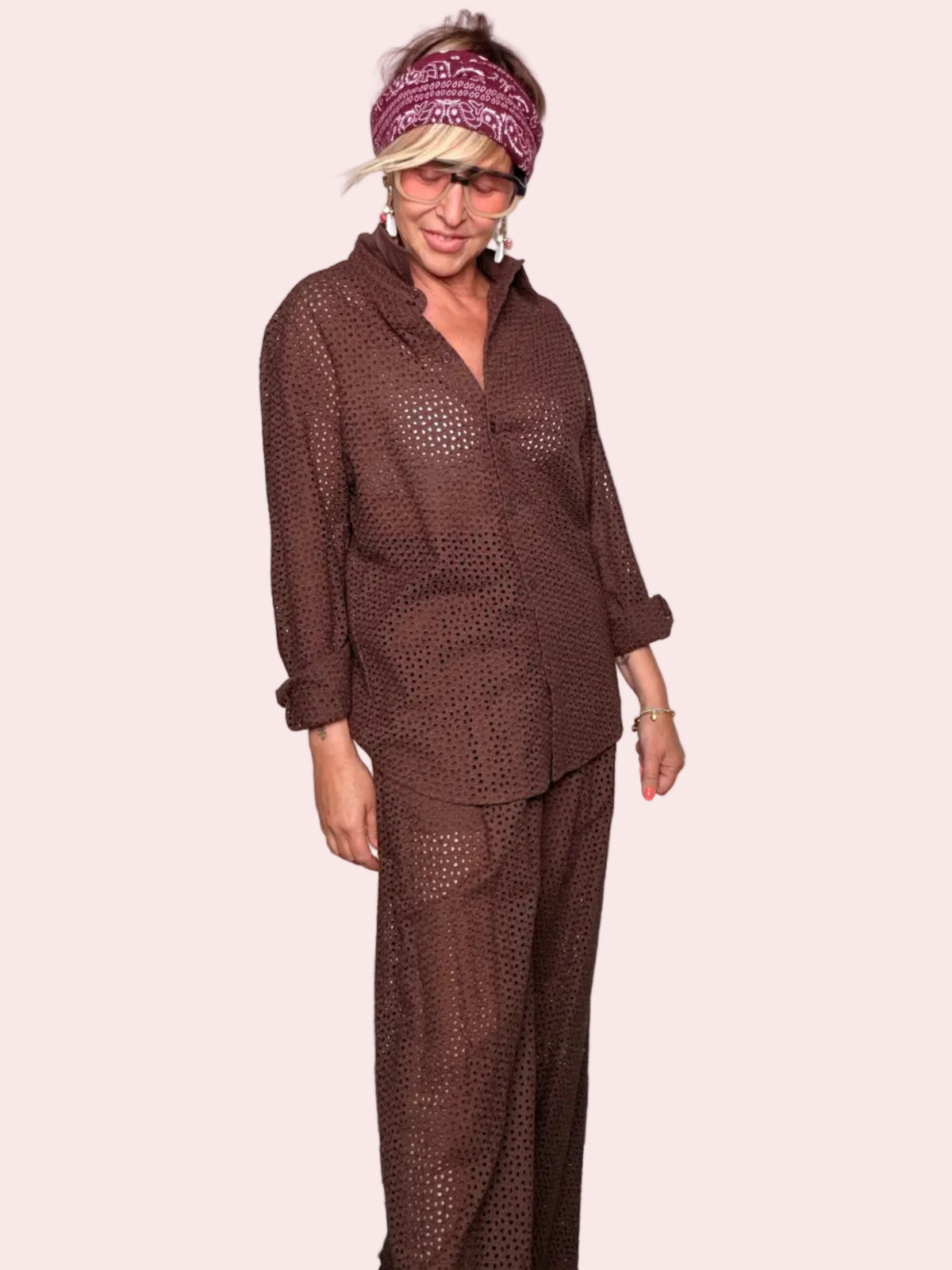 Pantalone Palazzo Wide Leg in Sangallo Marrone con Vita Alta