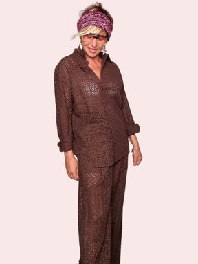 Pantalone Palazzo Wide Leg in Sangallo Marrone con Vita Alta