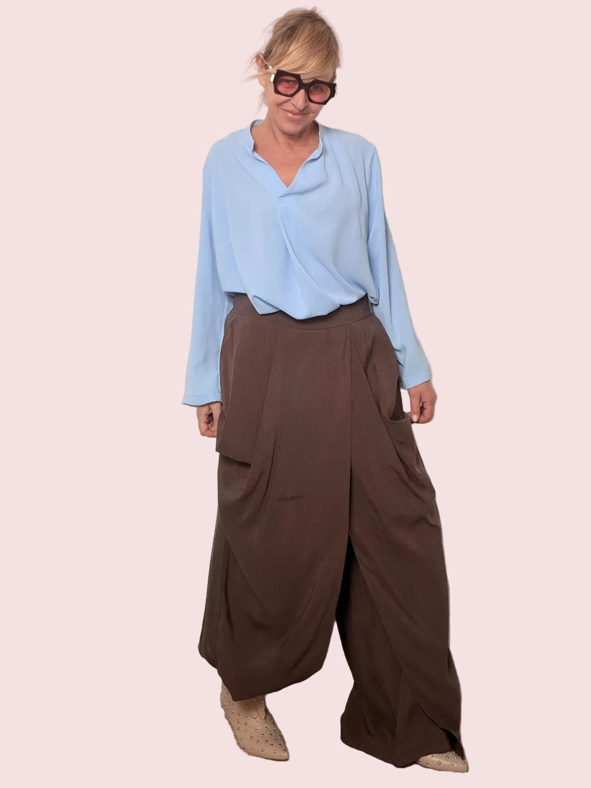 Pantalone in Tencel con Drappeggio ed Elastico in Vita
