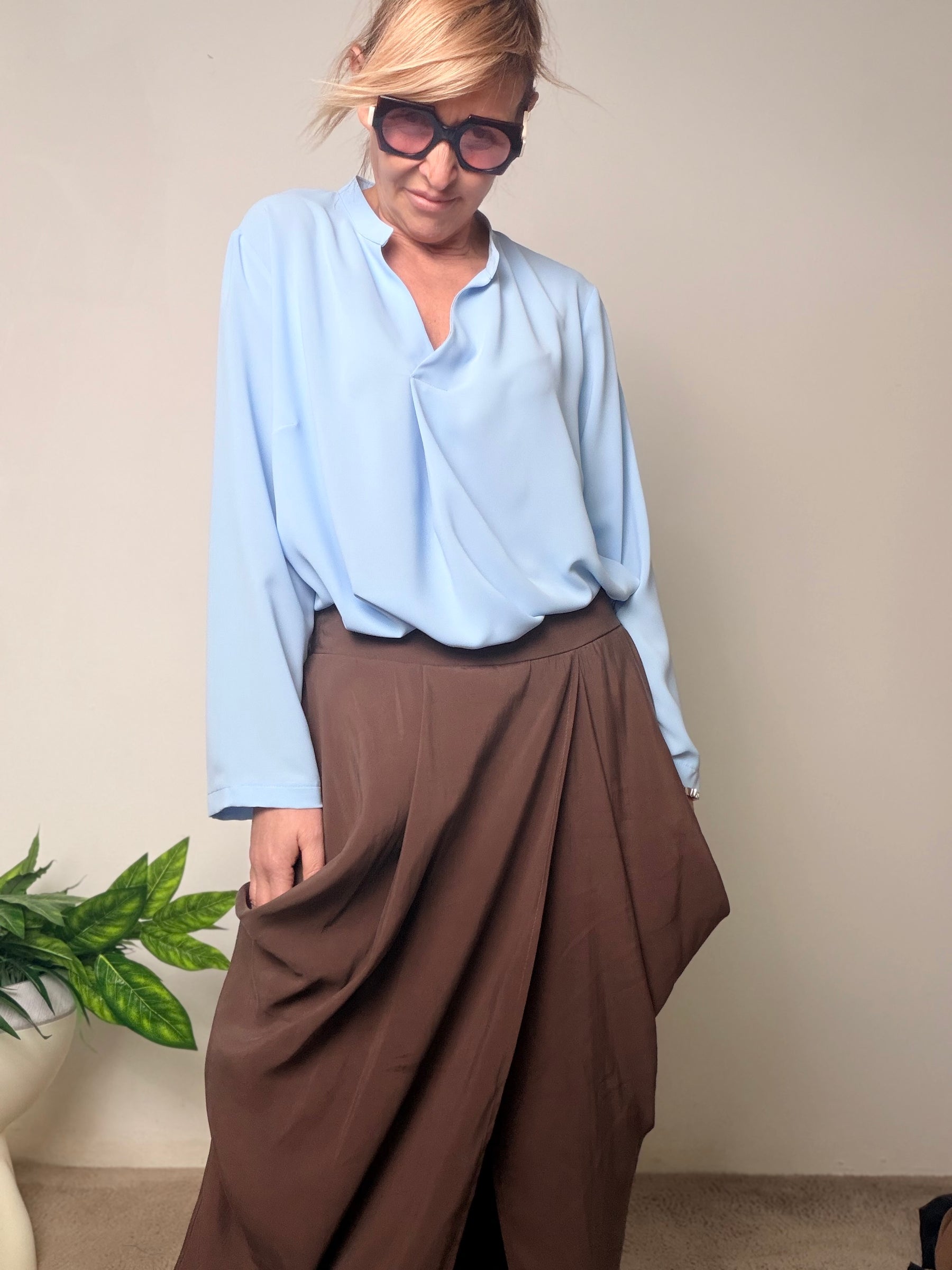 Pantalone in Tencel con Drappeggio ed Elastico in Vita
