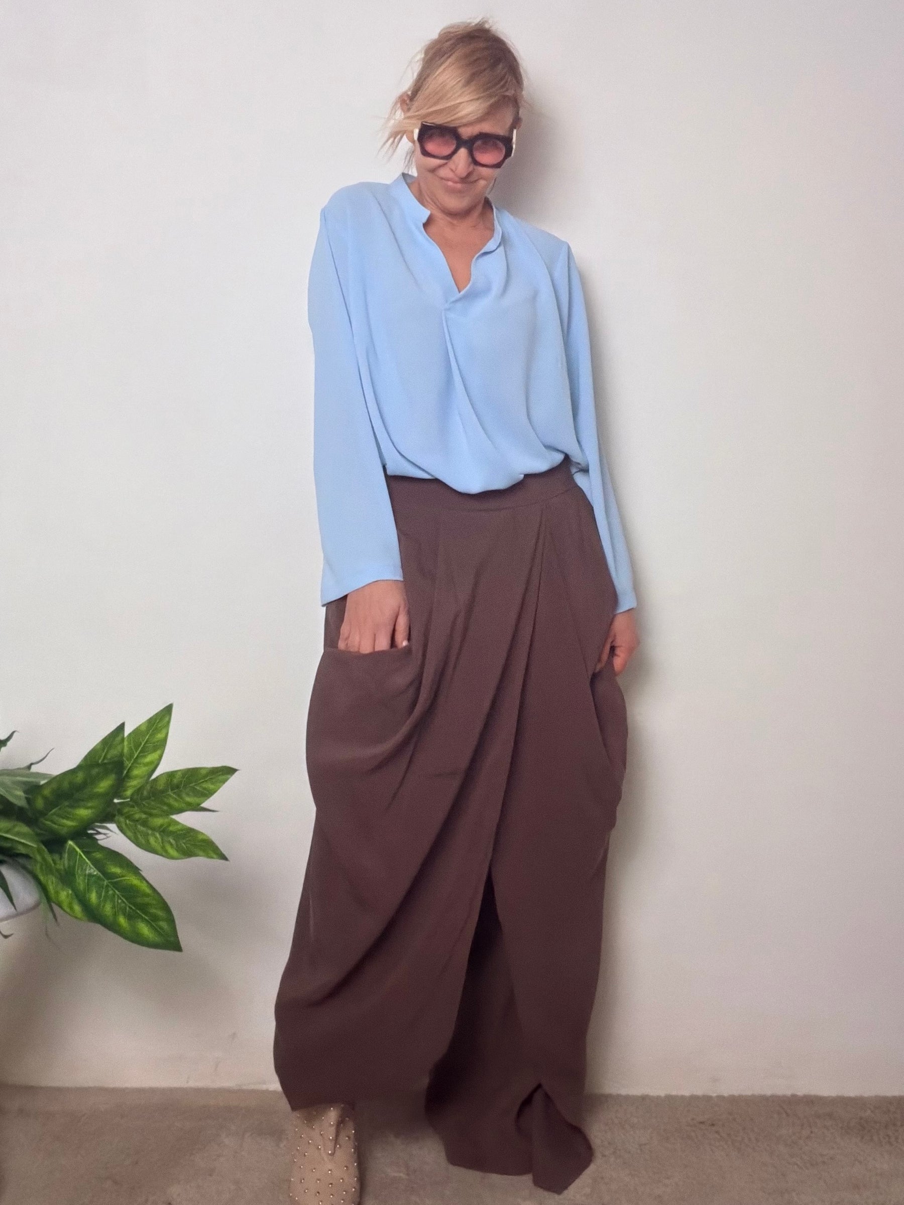 Pantalone in Tencel con Drappeggio ed Elastico in Vita