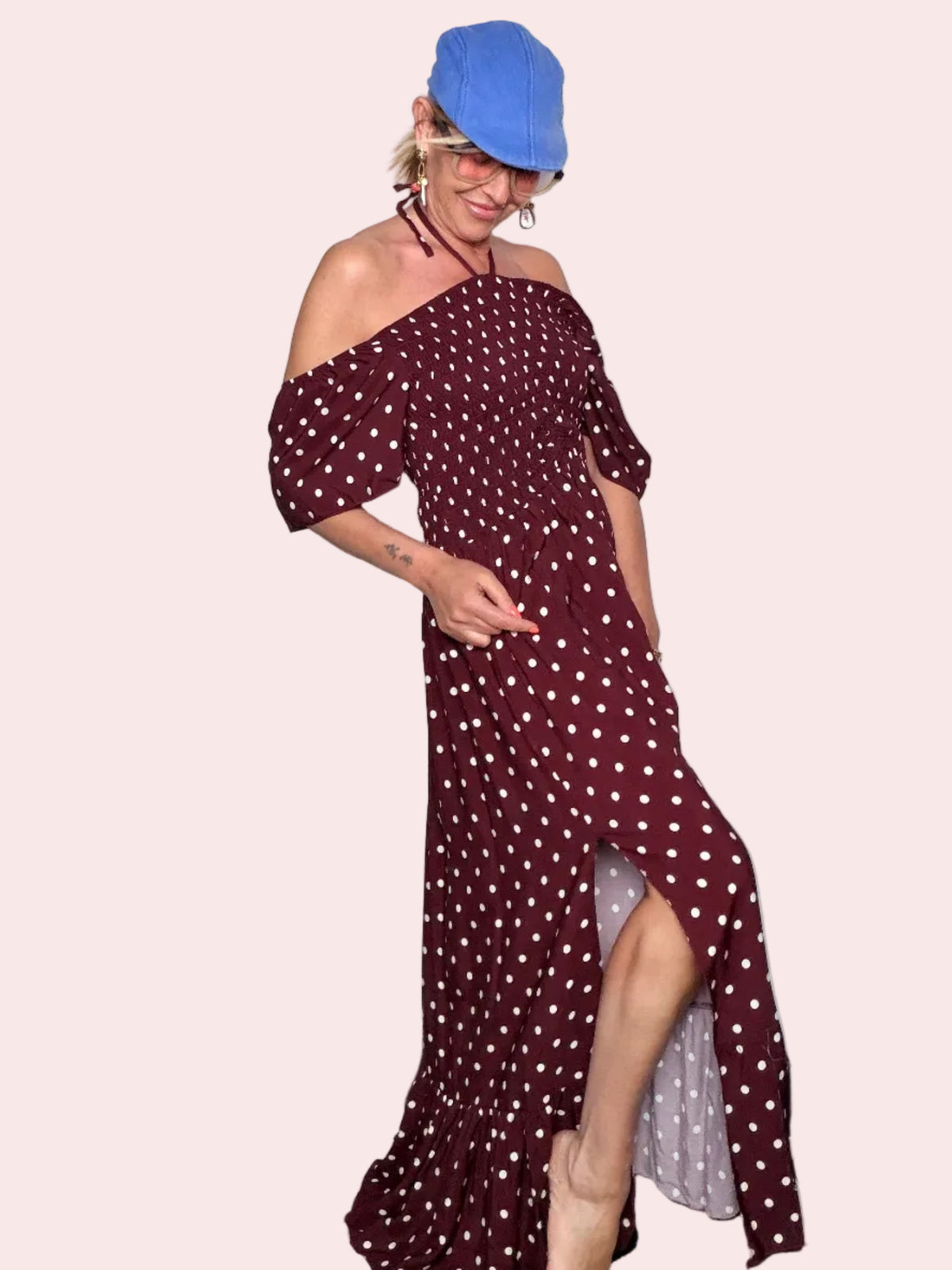 Abito Maxi Pois Off-Shoulder