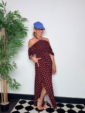Abito Maxi Pois Off-Shoulder