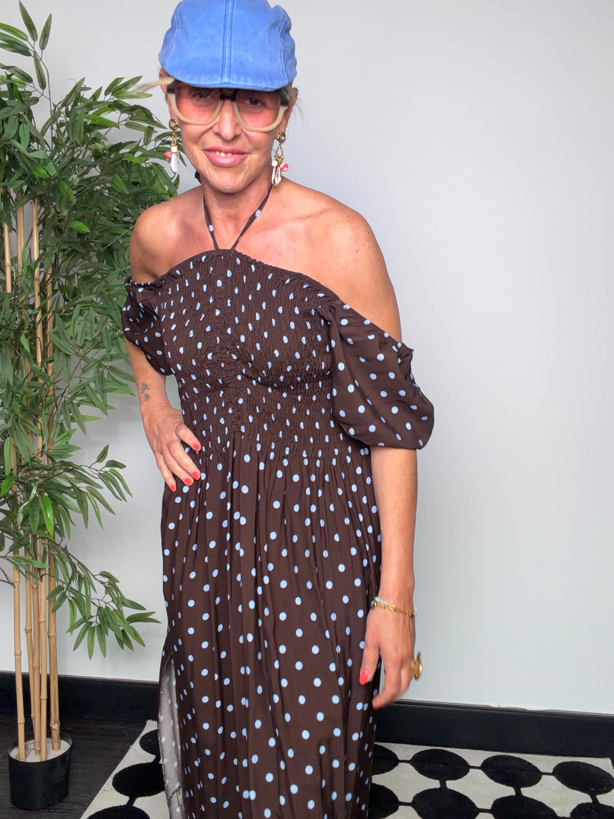 Abito Maxi Pois Off-Shoulder