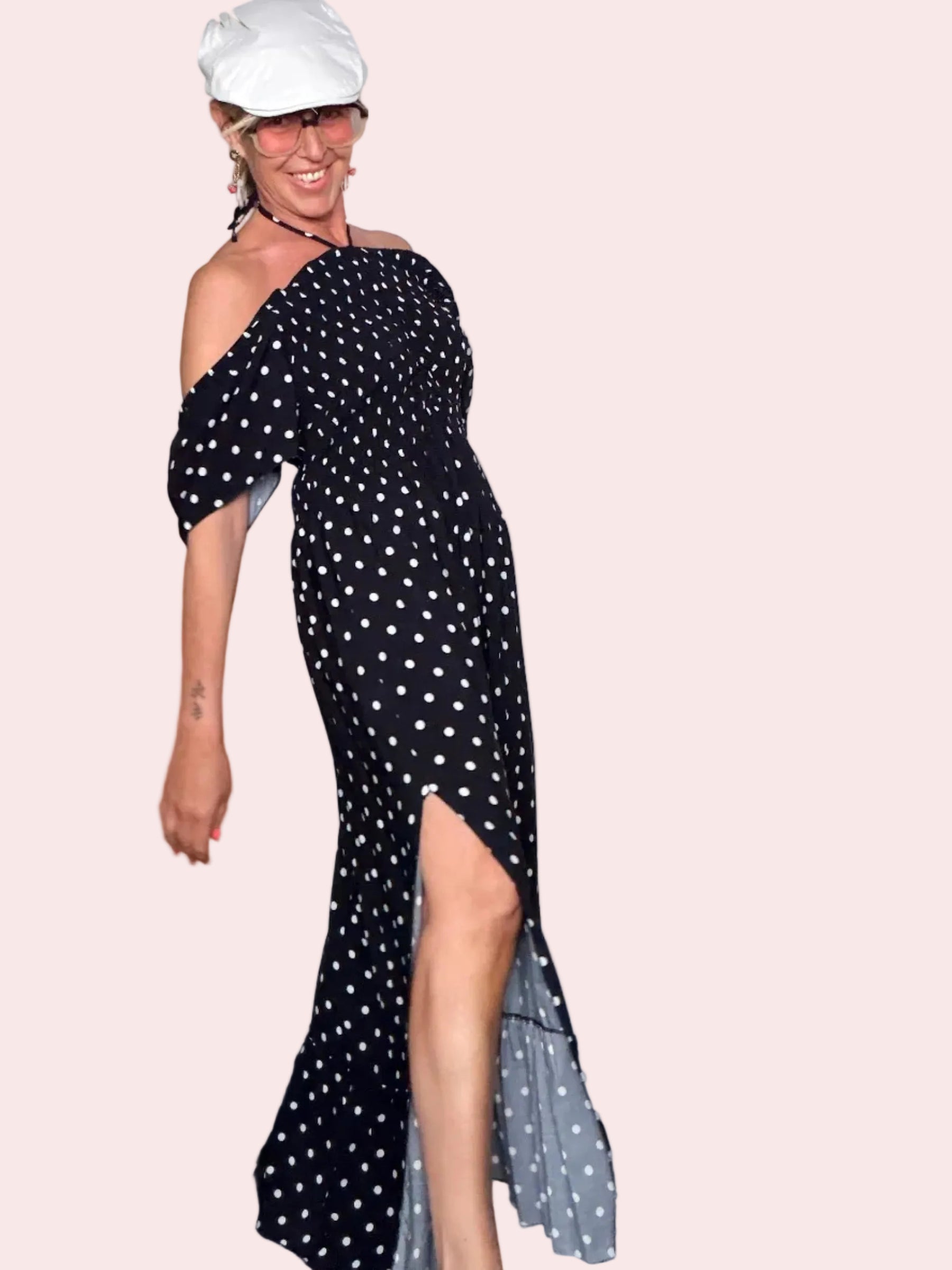 Abito Maxi Pois Off-Shoulder