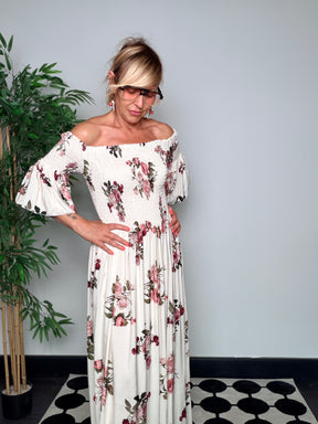 Abito Maxi Off-Shoulder con Corpino Smock e Maniche a Campana — Stampa Floreale