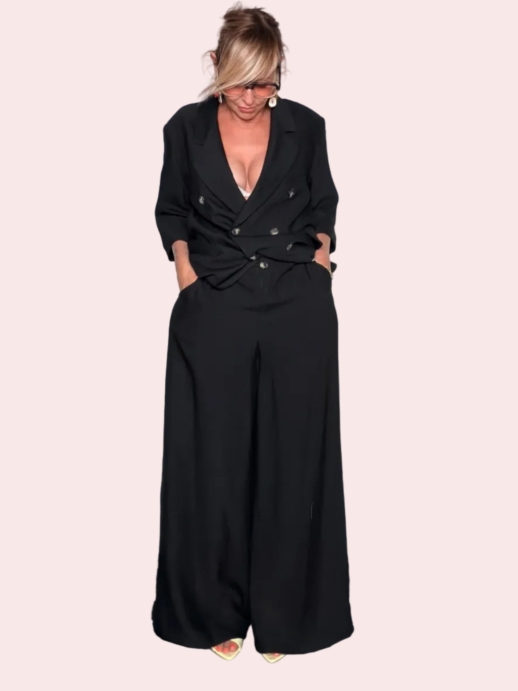 Pantalone Palazzo Wide Leg in Misto Viscosa con Vita Alta e Pince