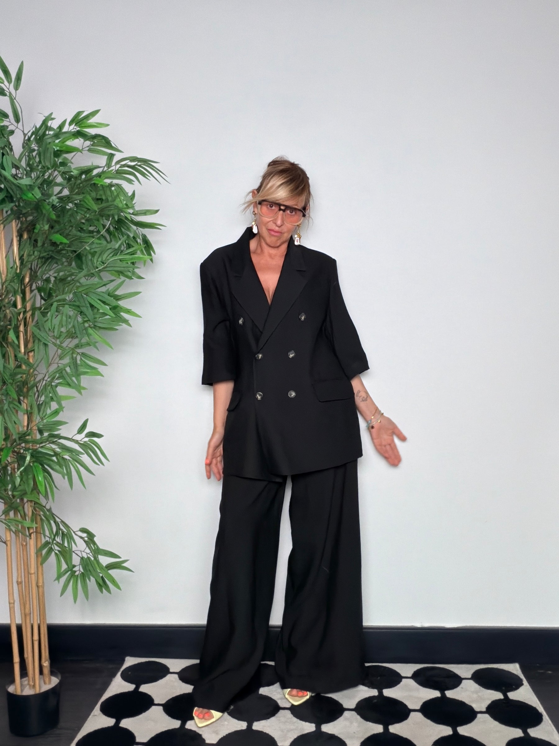Pantalone Palazzo Wide Leg in Misto Viscosa con Vita Alta e Pince