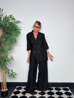 Pantalone Palazzo Wide Leg in Misto Viscosa con Vita Alta e Pince