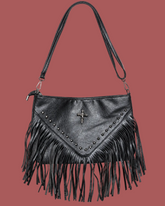 Borsa nera in ecopelle con frange e borchie