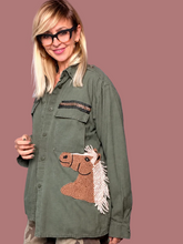 Giacca camicia verde militare vintage con cavallo e leone Female