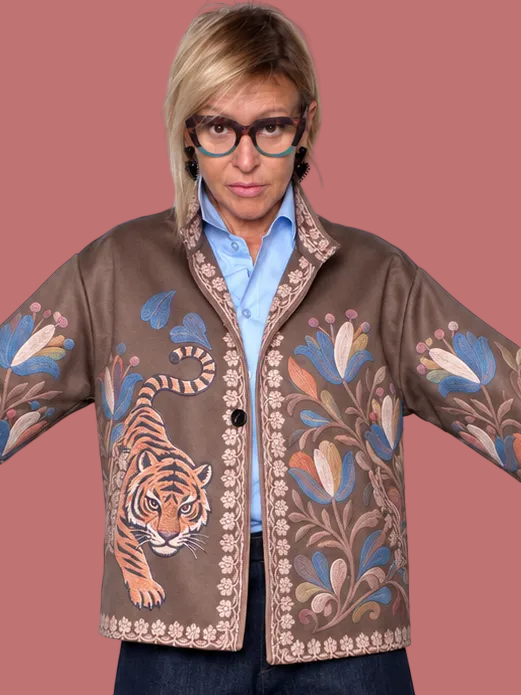 Giacca kimono con tigre e fantasia floreale