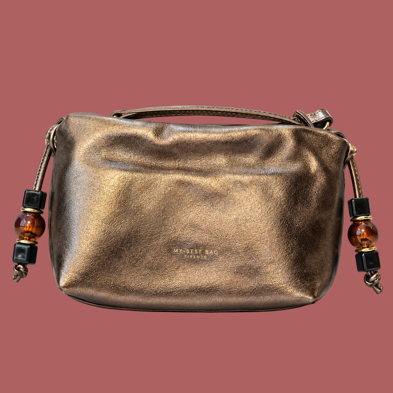 Pochette bronzo metallizzato, fronte con dettagli laterali ambra e neri