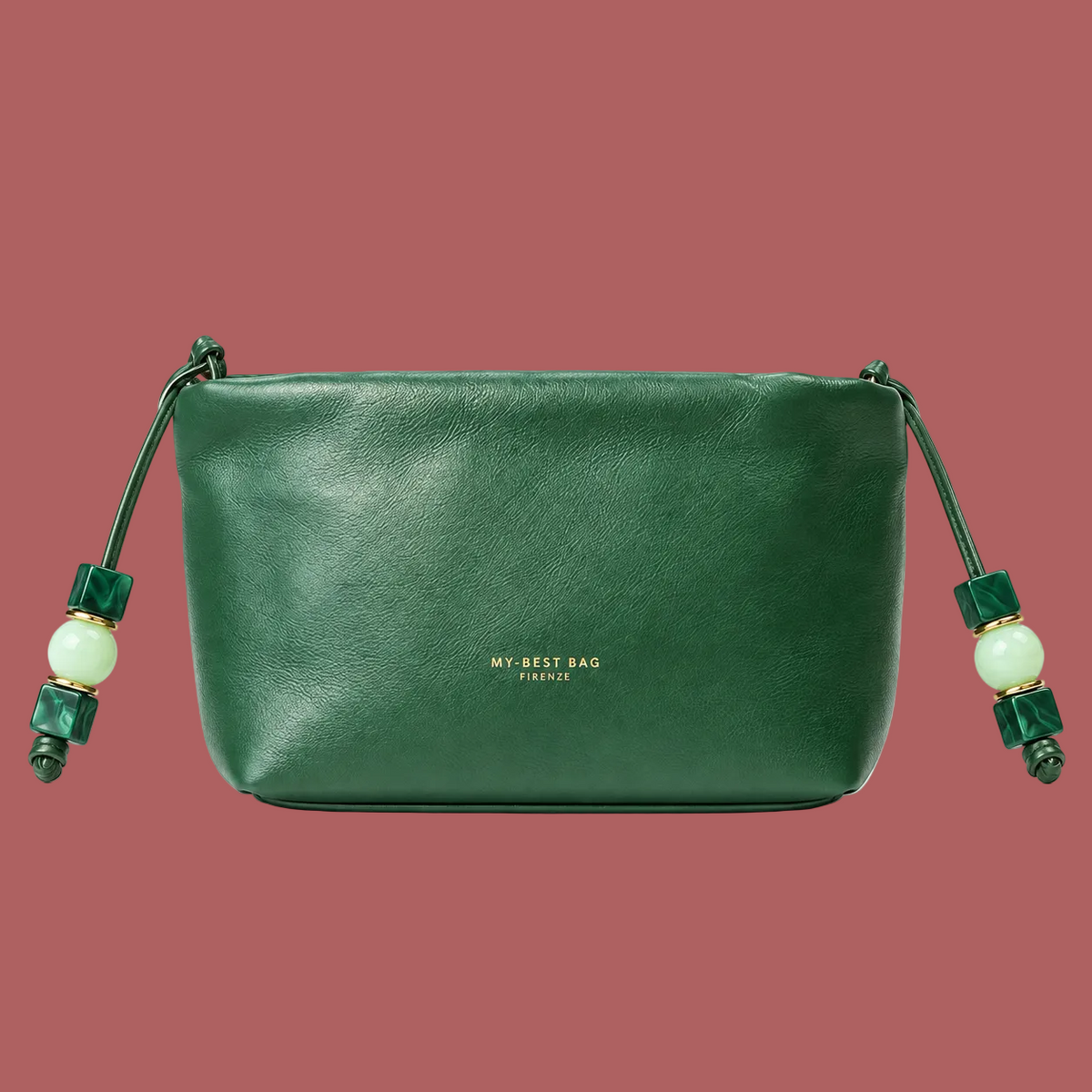 Pochette verde bosco, fronte con dettagli laterali verdi e scritta color oro