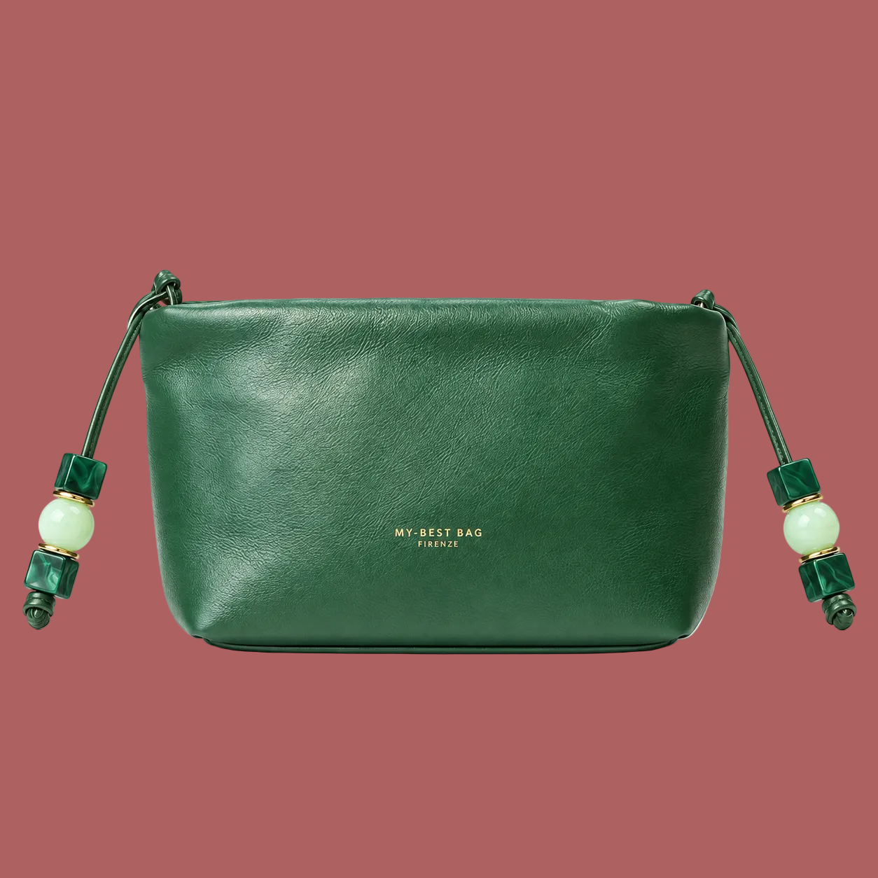 Pochette verde bosco, fronte con dettagli laterali verdi e scritta color oro