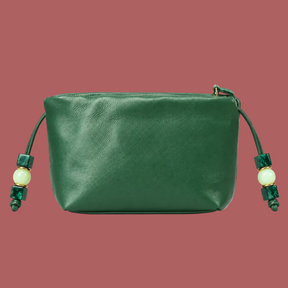 Pochette verde bosco, retro con decorazioni laterali a perline