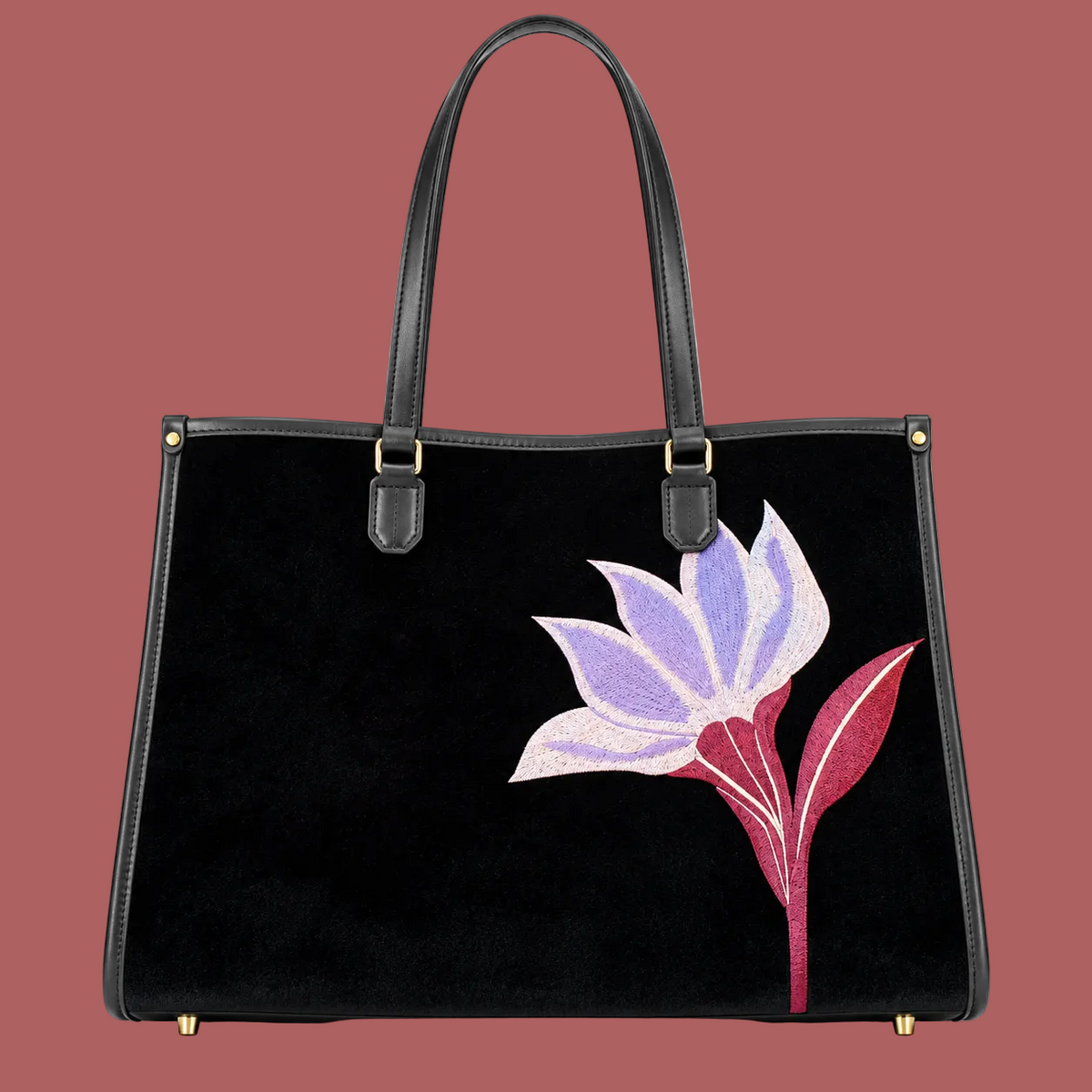Borsa tote nera, vista posteriore con fiore ricamato lilla e bordeaux