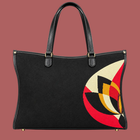 Borsa tote nera, retro con fiore stilizzato laterale rosso, crema e senape