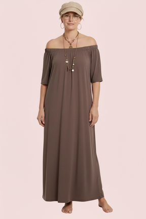 Abito Maxi Off-Shoulder Cotone Fluido — Nero / Bianco / Moro / Rosa / Bordeaux/verde