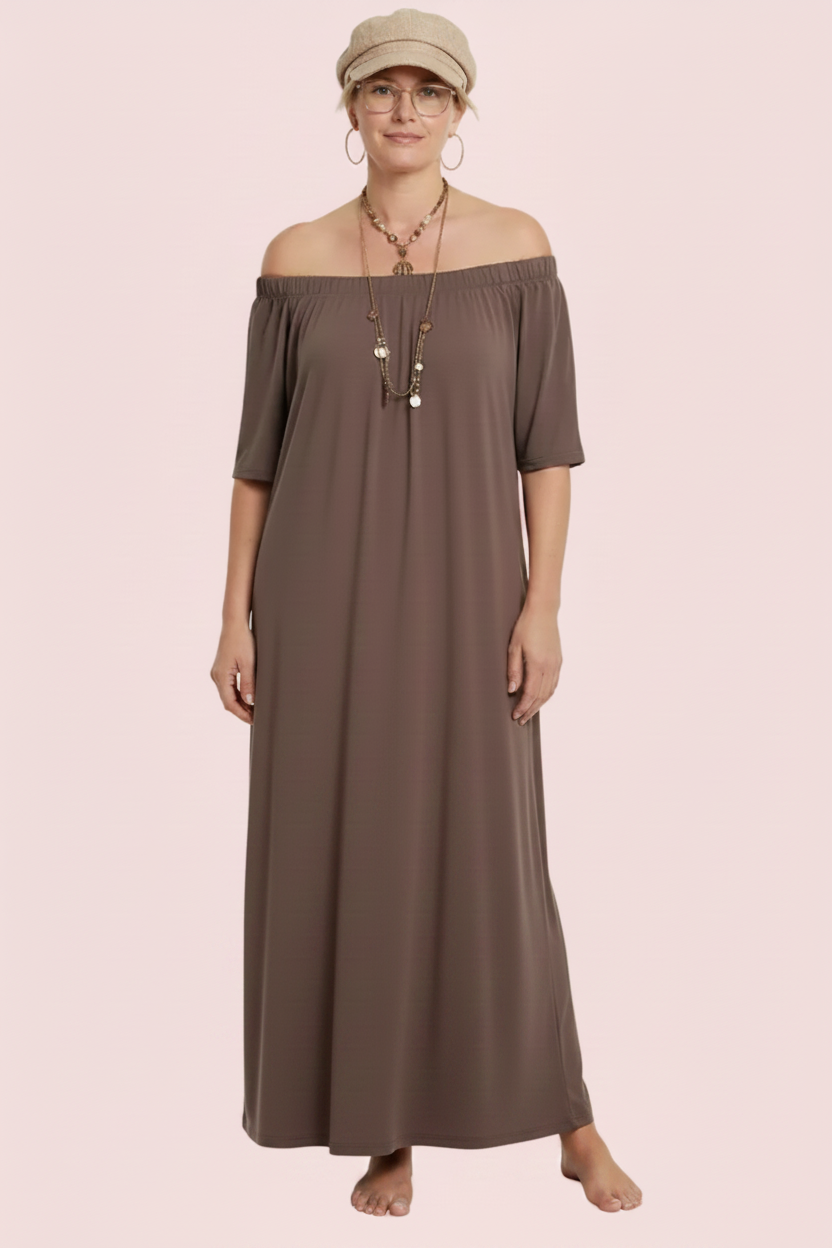 Abito Maxi Off-Shoulder Cotone Fluido — Nero / Bianco / Moro / Rosa / Bordeaux/verde