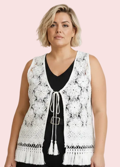 Gilet Crochet Macramé con Frange e Laccetti — Panna
