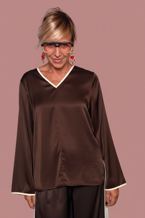 Blusa Oversize Raso Bianco | Piping Marrone