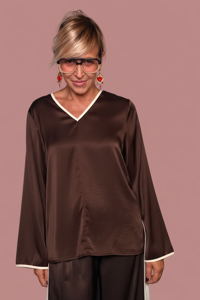 Blusa Oversize Raso Bianco | Piping Marrone