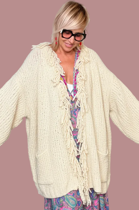 Cardigan Oversize con Frange – Nero / Viola Melanzana