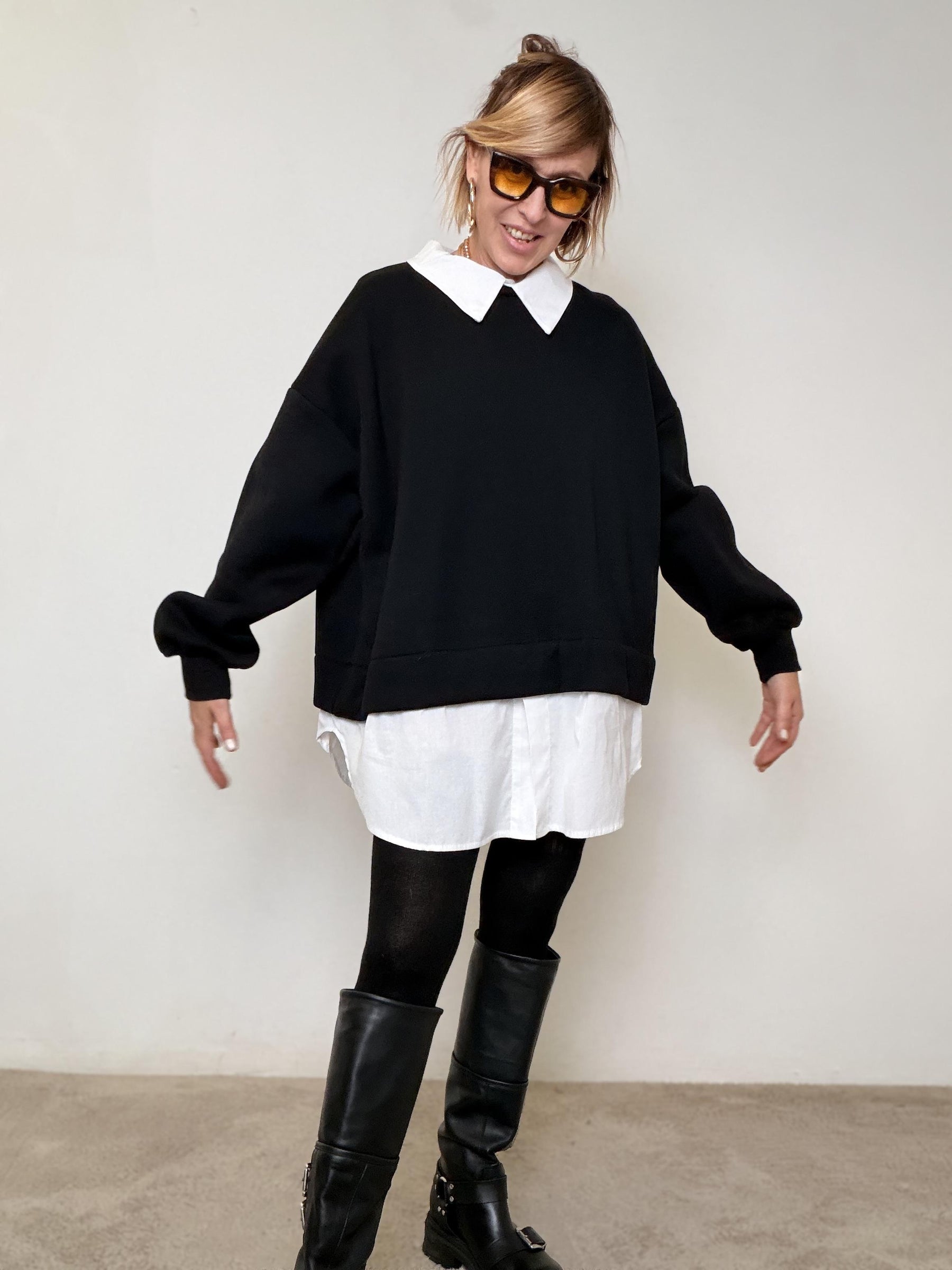 FEMALE  - FELPA FAKE SHIRT CON CAMICIA CUCITA NERA LD2260/ NERO FEMALE 