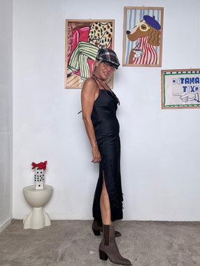 FEMALE - Abito lungo in raso con dettagli in pizzo NERO H4163-R6/ NERO FEMALE 