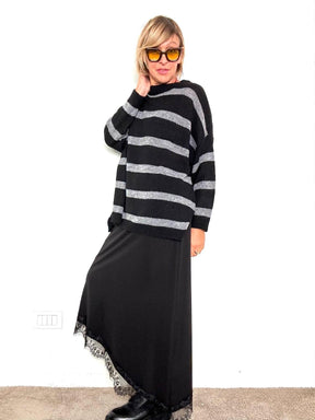 Gonna lunga in punto Milano con bordo in pizzo nero A25FL301/ NERO DEJA VU 