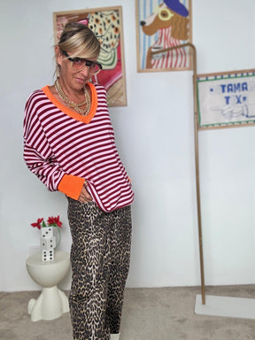 FEMALE - Felpa oversize a righe rosa e marroni  con dettagli arancio fluo R51305/ RIGA M-ROSA FEMALE 