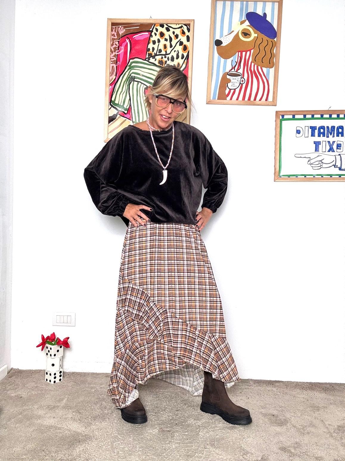 FEMALE - Gonna Lunga a Quadri con Balza moro G11895/ MORO FEMALE 