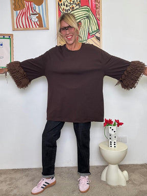 SUSY STAR - T-shirt nera oversize con maniche a balze in tulle  La basic che non è basic! moro STS7273/ MORO SUSY STAR 