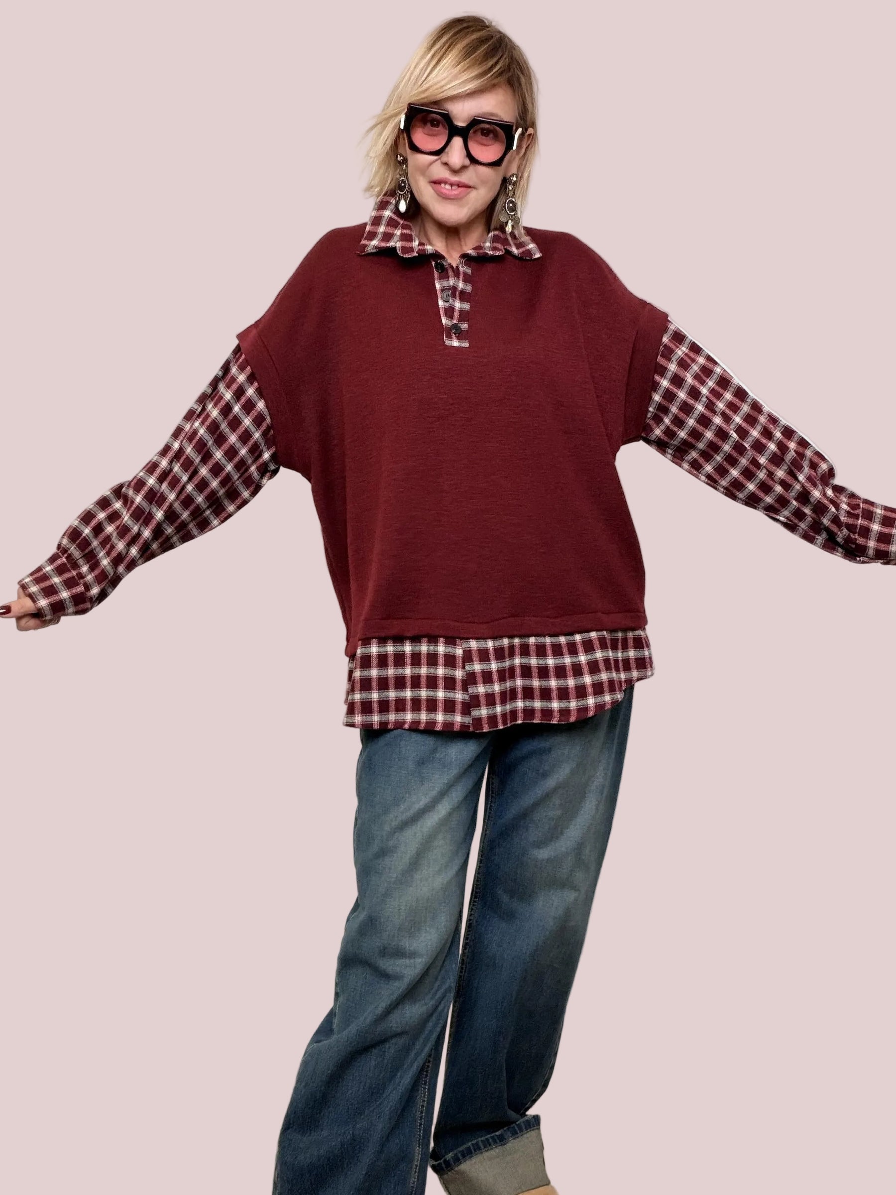 Camicia in flanella con Maglia Integrata a Quadri bordeaux M12576/ BORDO FEMALE 