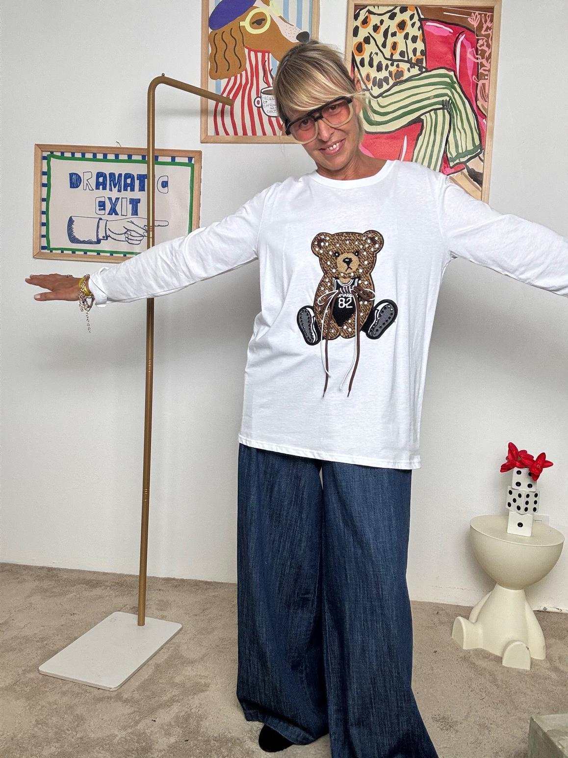 DEJA VU -  T-shirt donna a manica lunga con stampa orsetto  Un abbraccio di stile A25IS411/ BIANCO DEJA VU 