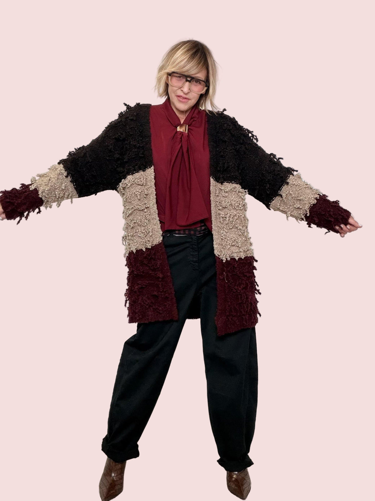 SUSY STAR - Cardigan Soft Patch  Morbido, color block, super carattere STWB1172/ VINO SUSY STAR 