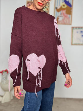 DEJA VU - Maglia oversize con cuori rosa  stile casual romantico BORDEAUX A25SS401/ BORDEAUX DEJA VU 